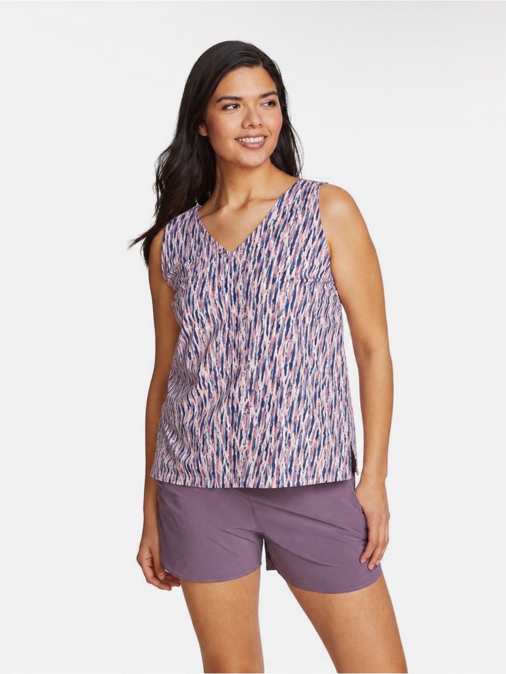 Eddie Bauer Pink & Navy Patterned V-Neck Sleeveless Top Size Large